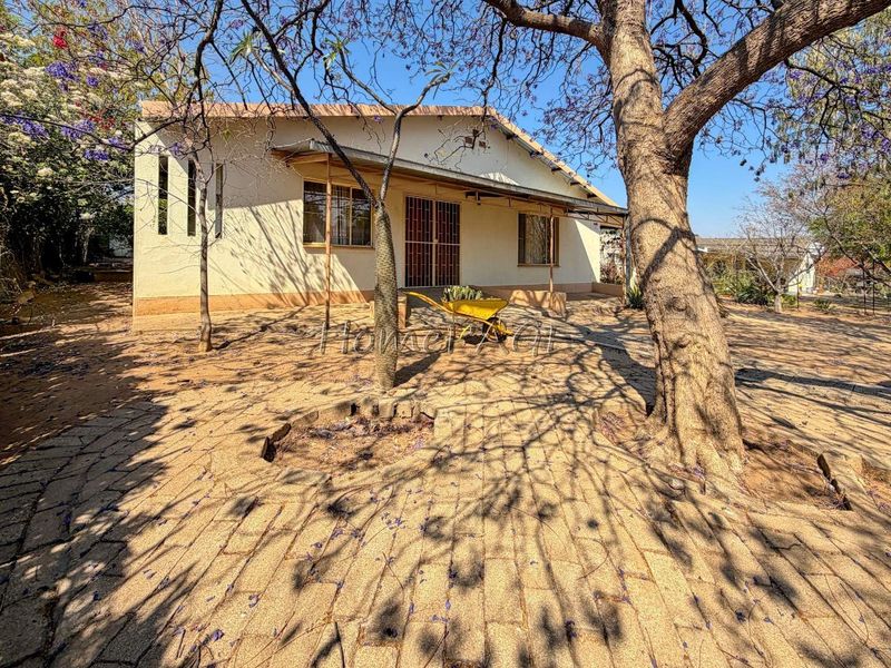 Rear view of the house featuring a paved patio area, mature trees, and security gates on the windows and entrance.
