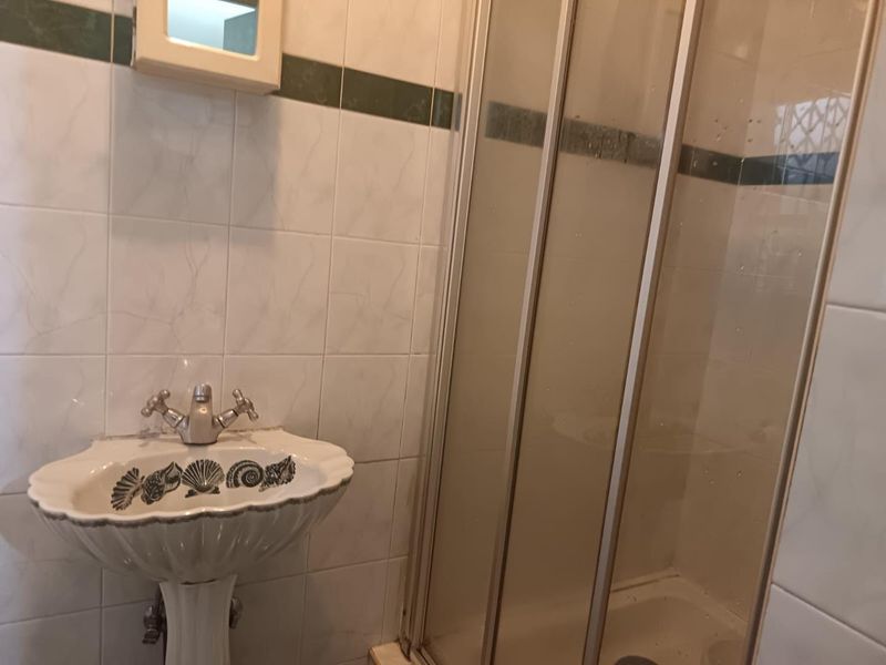 A compact bathroom featuring a pedestal basin and a shower enclosure with tiled walls.