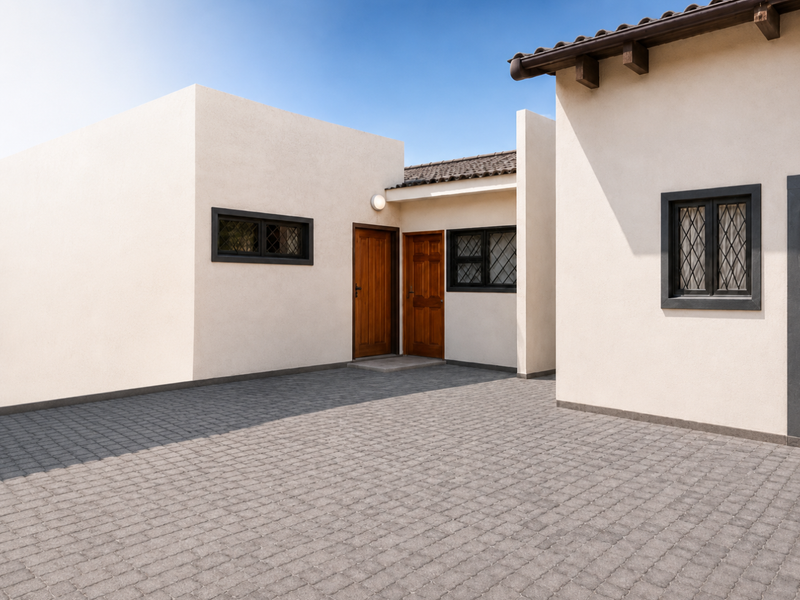 A clean, modern exterior view of the property featuring a paved driveway, timber entrance doors, and well-maintained stucco walls with security window grilles.