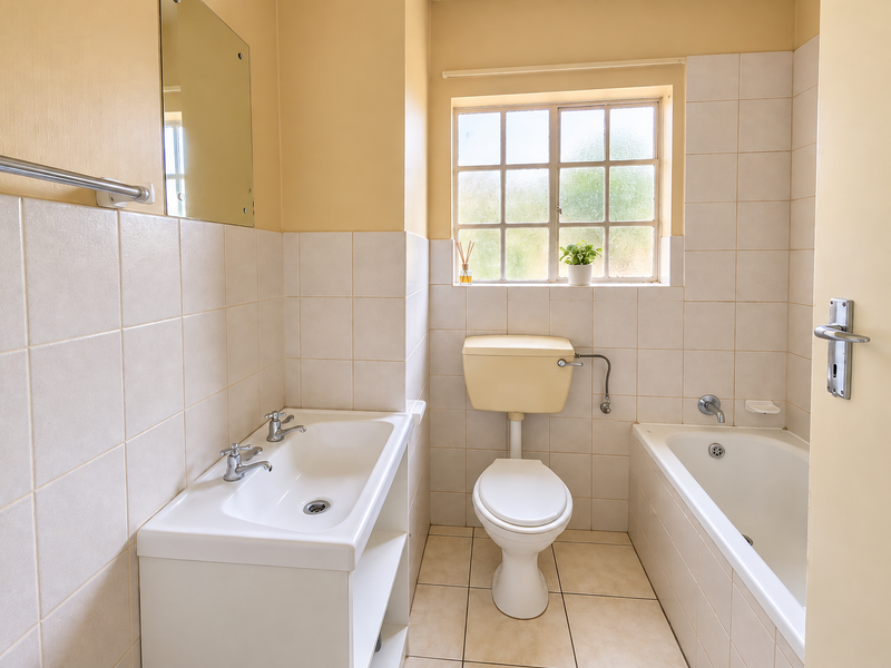 A functional bathroom featuring a vanity basin, toilet, and bathtub with neutral wall and floor tiling, offering a clean and practical layout.