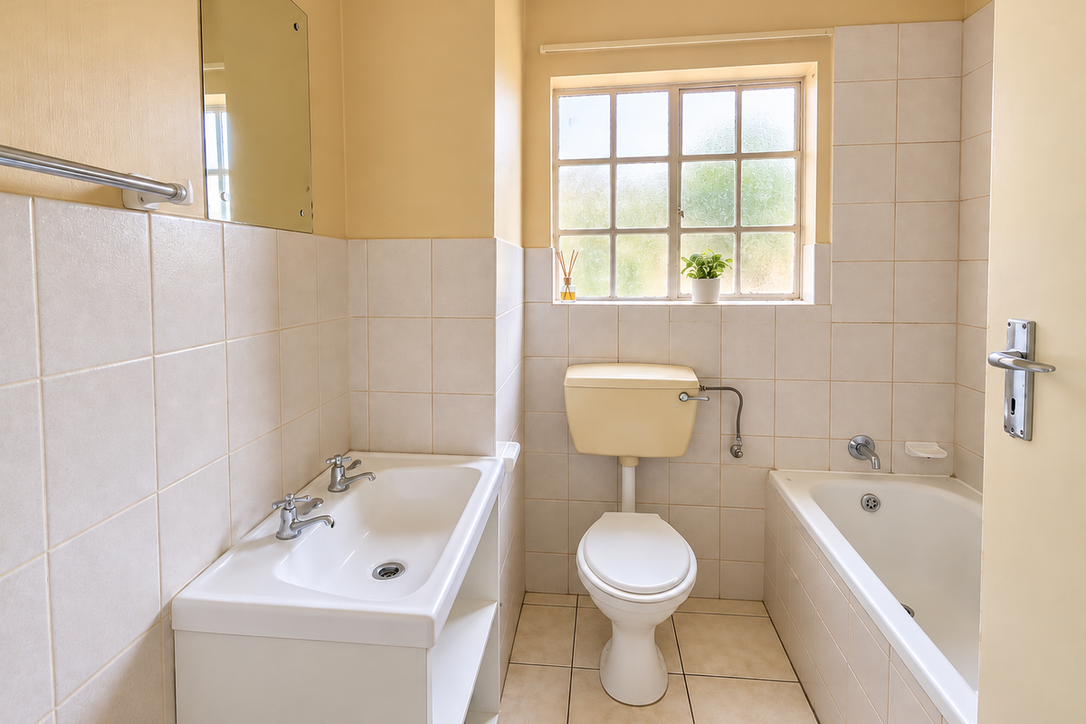 A functional bathroom featuring a vanity basin, toilet, and bathtub with neutral wall and floor tiling, offering a clean and practical layout.