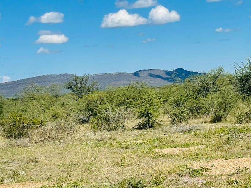 A scenic view of the surrounding farm landscape featuring natural vegetation and distant mountain ranges under a clear blue sky.