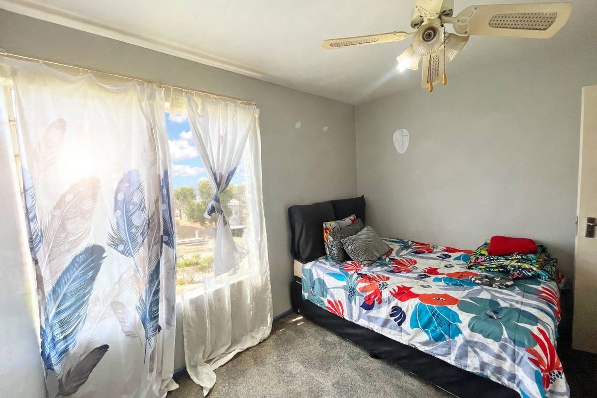 A bedroom featuring carpet flooring, a ceiling fan, and natural light from a large window.