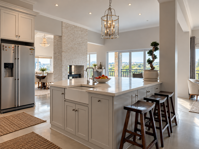 Spacious open-plan kitchen featuring a large island with farmhouse sink, stone fireplace, and seamless flow to the outdoor balcony with scenic views.