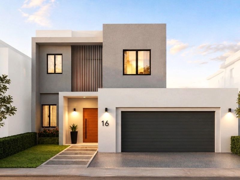 A modern two-story residential facade featuring a double garage, clean architectural lines, and a warm timber entrance door.