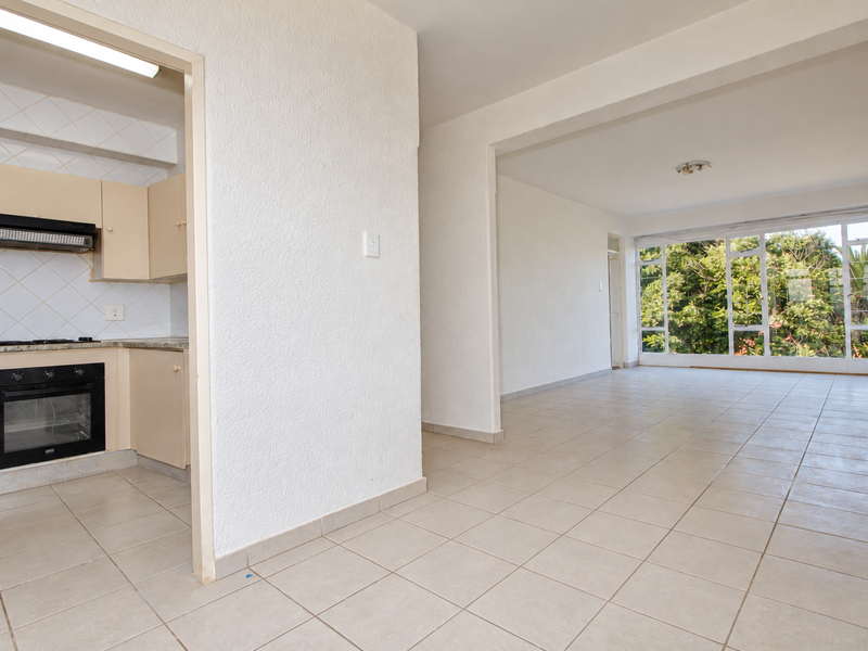 Spacious open-plan living area featuring tiled floors and a separate kitchen with built-in oven, hob, and extractor fan, leading to large windows with garden views.