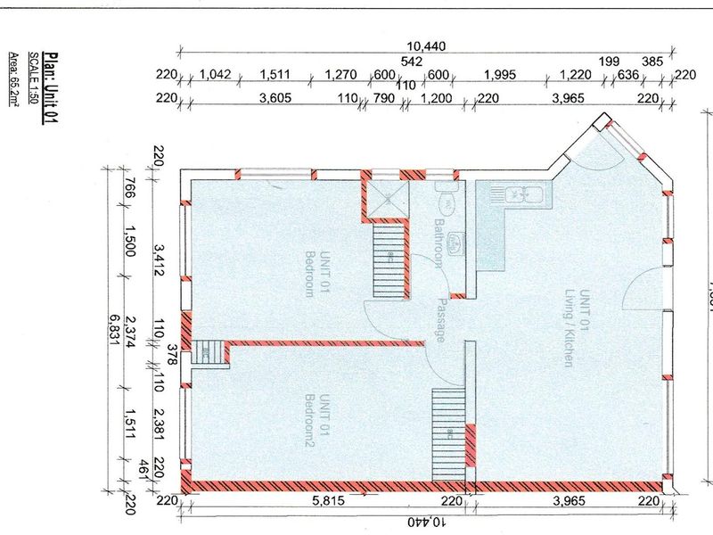 Architectural floor plan for a 65.2m² apartment unit featuring two bedrooms, a bathroom, and an open-plan living and kitchen area.