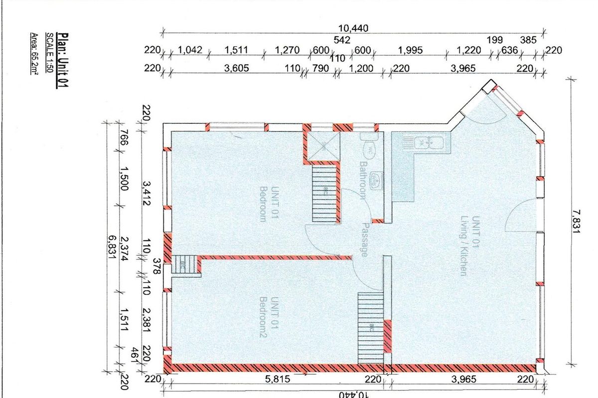 Architectural floor plan for a 65.2m² apartment unit featuring two bedrooms, a bathroom, and an open-plan living and kitchen area.