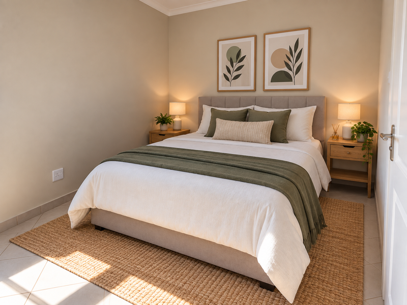 A well-maintained bedroom featuring neutral wall tones, tiled flooring, and clean architectural finishes, providing a comfortable and inviting living space.