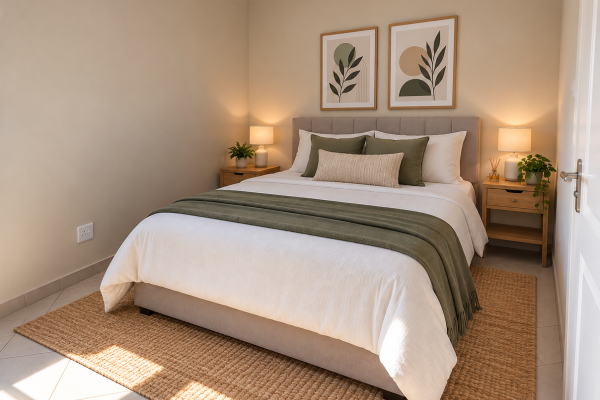 A well-maintained bedroom featuring neutral wall tones, tiled flooring, and clean architectural finishes, providing a comfortable and inviting living space.