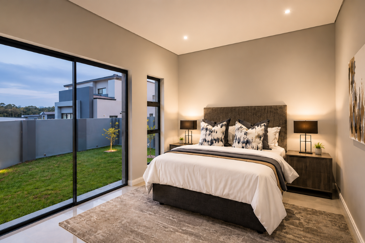 Modern bedroom featuring large sliding glass doors with direct garden access, recessed downlights, and neutral finishes.