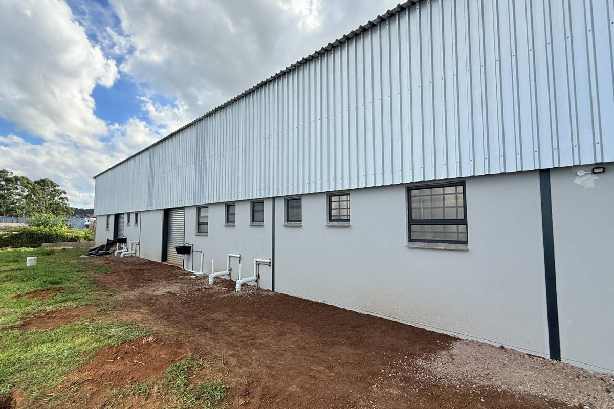 Rear exterior view of an industrial warehouse building featuring corrugated metal cladding, steel-framed windows with security bars, and external plumbing infrastructure.