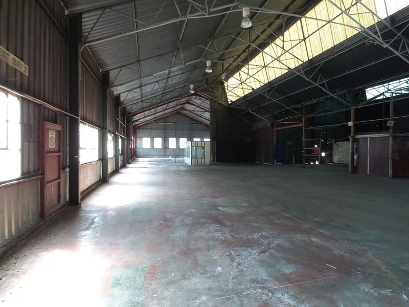 Expansive industrial warehouse space featuring high ceilings with exposed steel trusses, natural light from skylights, and durable concrete flooring.