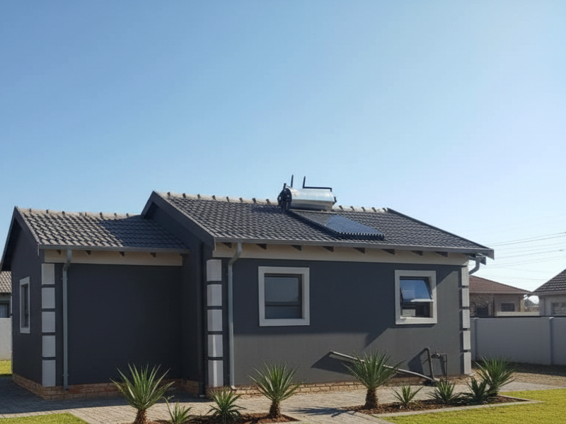 A well-maintained rear exterior view of a modern house featuring a dark grey facade, tiled roof, and an installed solar water heating system.