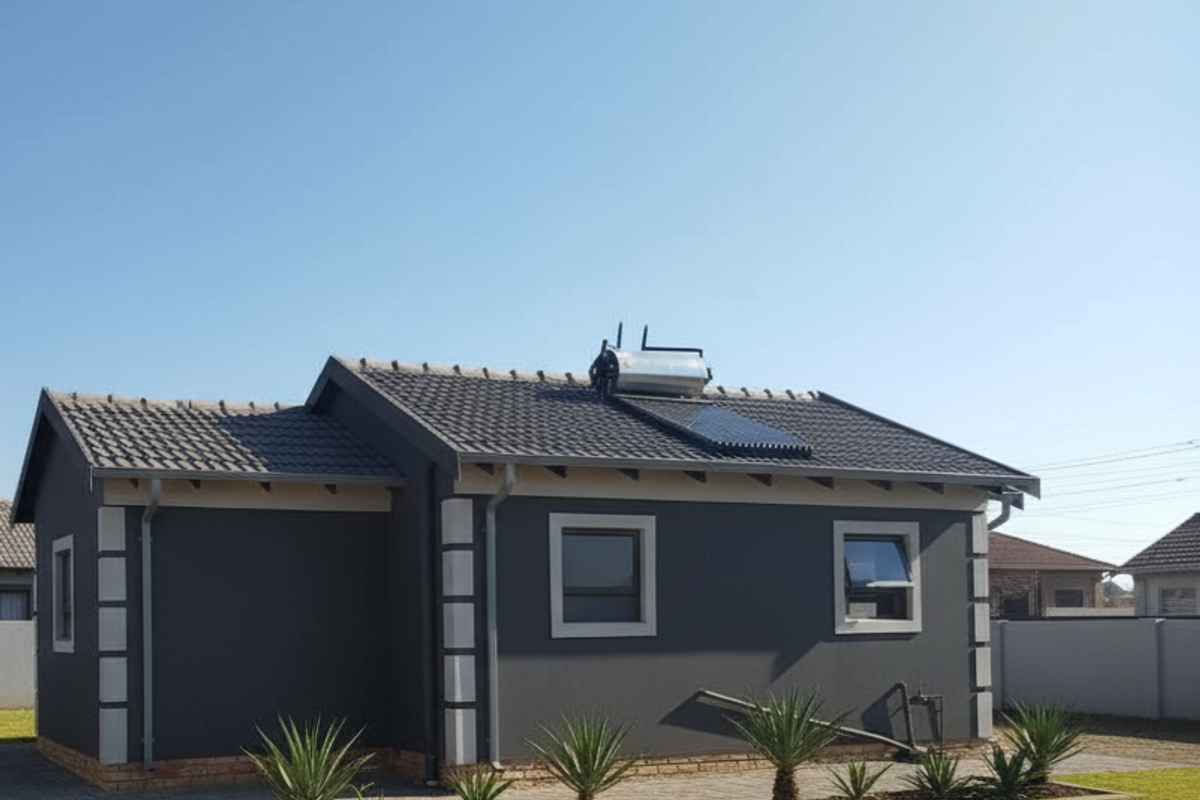 A well-maintained rear exterior view of a modern house featuring a dark grey facade, tiled roof, and an installed solar water heating system.