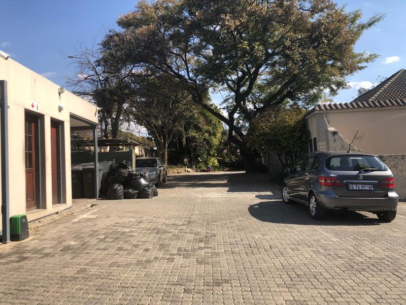 A paved driveway area leading to the rear of the office property, featuring mature trees and ample parking space.