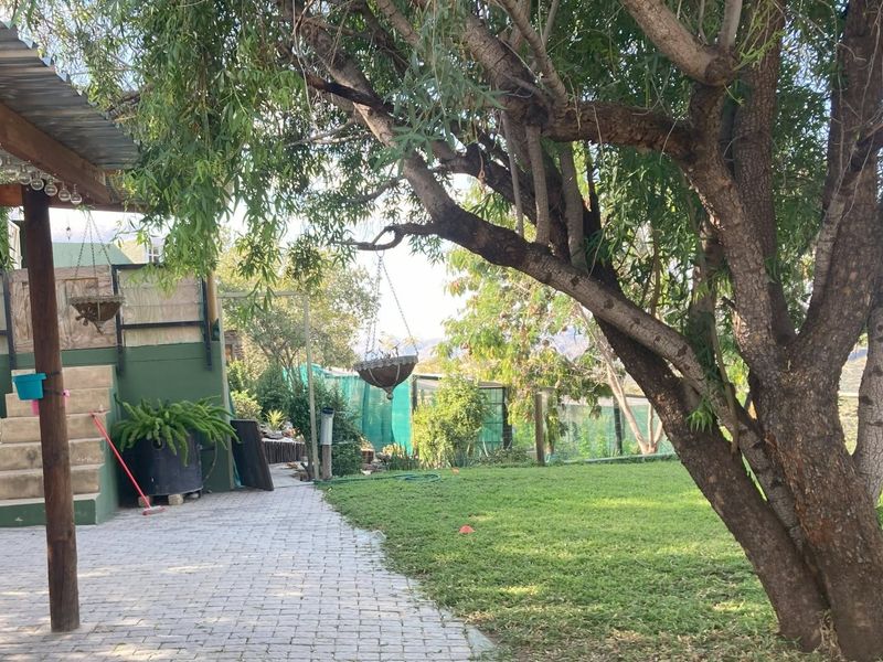 A shaded garden area featuring a paved patio, timber-supported roof structure, and mature trees, providing a relaxed outdoor space.