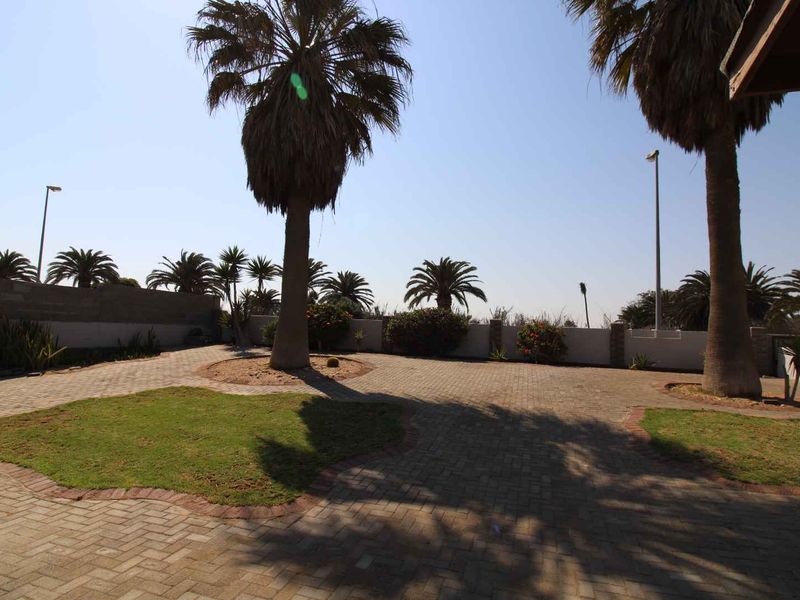 A spacious outdoor garden area featuring paved surfaces, established palm trees, and a secure perimeter wall.