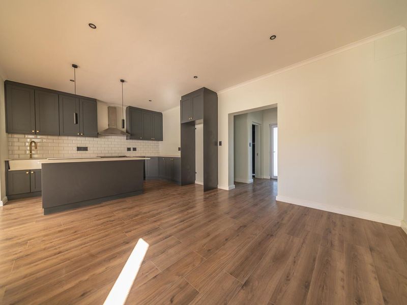 Modern kitchen featuring dark grey cabinetry, subway tile backsplash, brass fixtures, and wood-look laminate flooring in an open-plan layout.