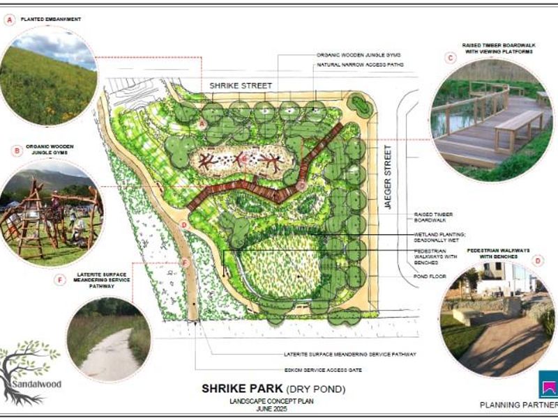 A landscape concept plan for Shrike Park, detailing the layout of pedestrian walkways, timber boardwalks, wetland areas, and service access points.