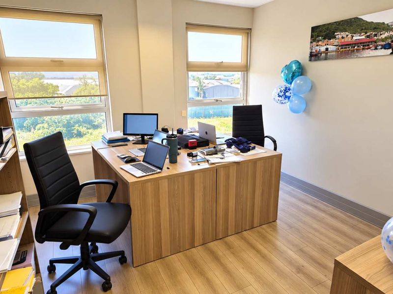 A bright and functional office space featuring wood-look laminate flooring and large windows providing ample natural light.