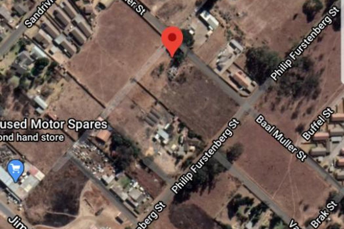 An aerial map view showing the location of the vacant residential property at 44 Valsrivier Street in Riversdale, Meyerton.