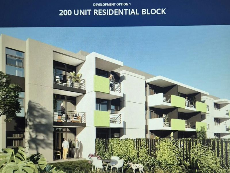 Architectural rendering of a proposed 200-unit residential block featuring modern balconies and landscaped outdoor areas.