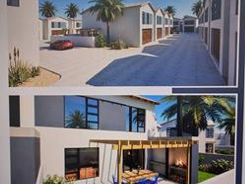 A composite image showing the townhouse complex street view and a private rear patio area with a built-in braai and pergola.