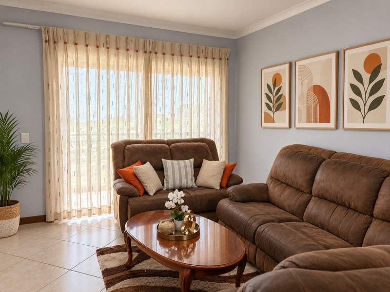 A comfortable living room featuring tiled flooring, neutral wall tones, and a large sliding glass door that provides access to the outdoor area.