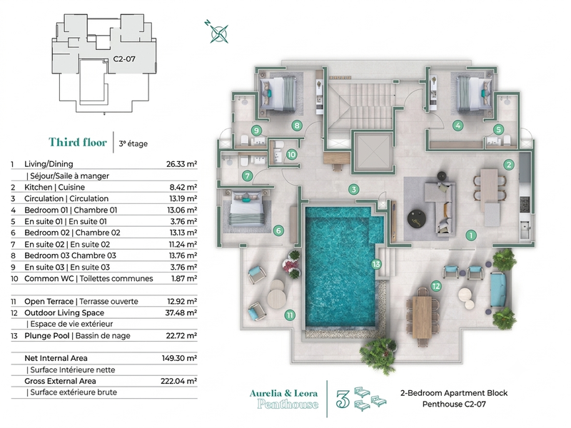Architectural floor plan for a third-floor penthouse unit featuring three bedrooms, open-plan living, and a private plunge pool on the terrace.