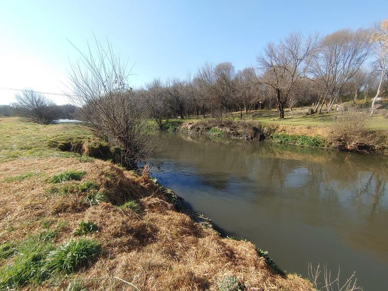 A scenic view of a natural river flowing through the property, featuring mature trees and grassy banks.