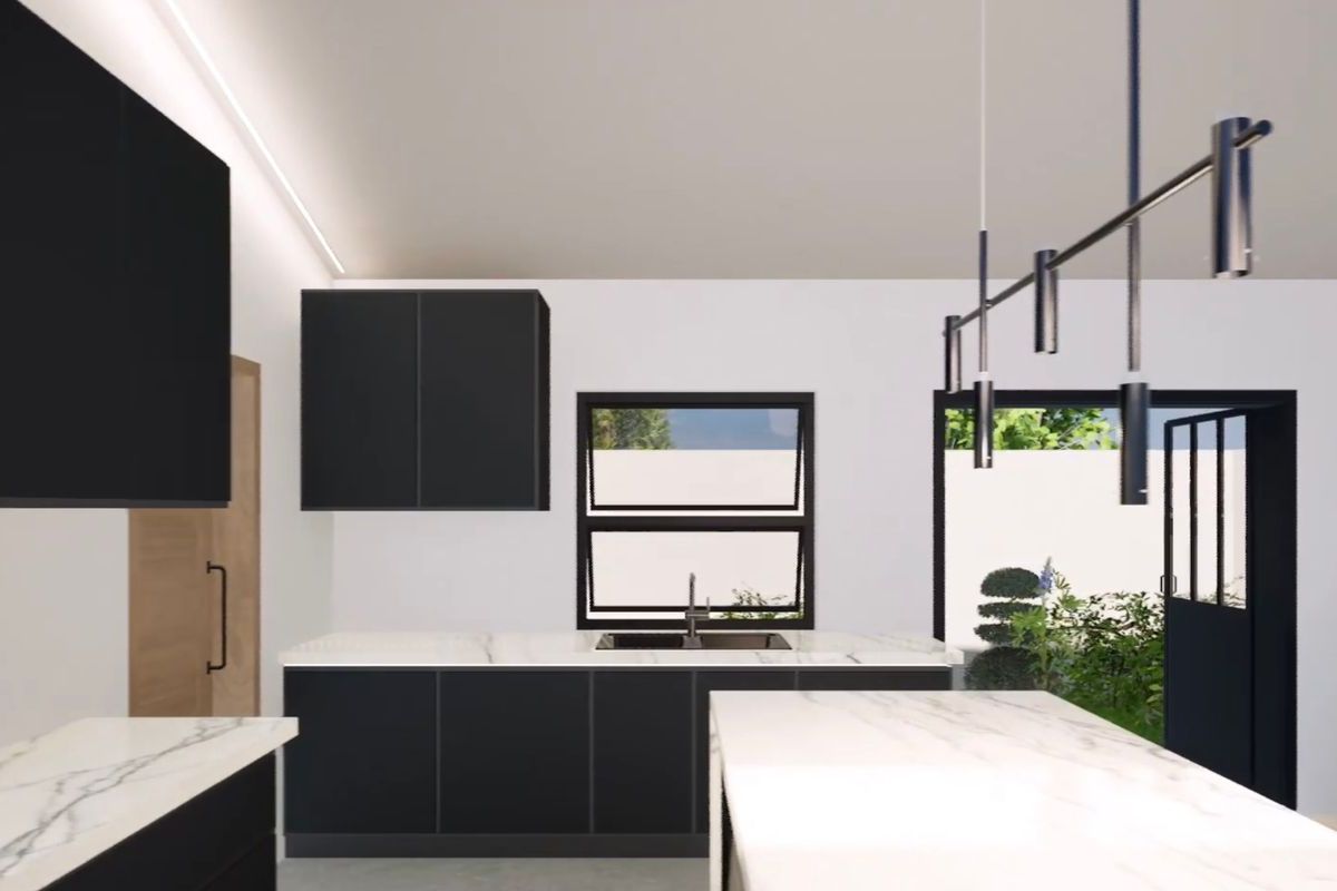 Modern kitchen featuring sleek black cabinetry, marble-look countertops, a central island, and integrated lighting, creating a clean and contemporary culinary space.