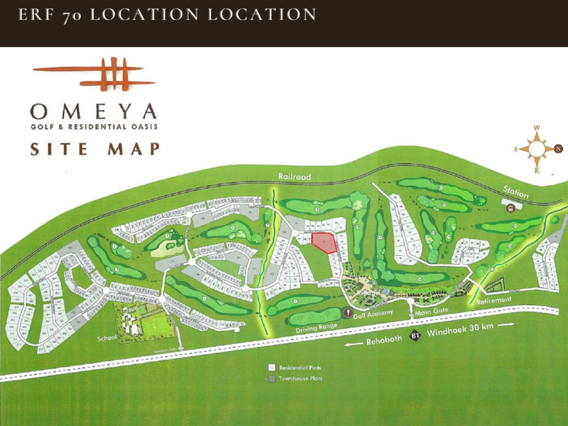 A site map of the Omeya Golf and Residential Oasis estate, highlighting the location of Erf 70 within the development.