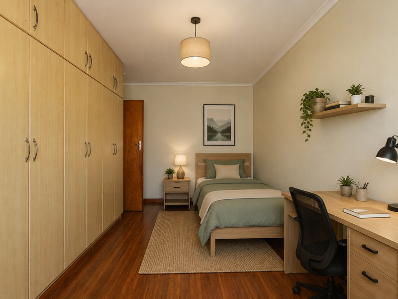 A well-maintained bedroom featuring extensive built-in wooden cupboards, warm hardwood flooring, and a neutral color palette.