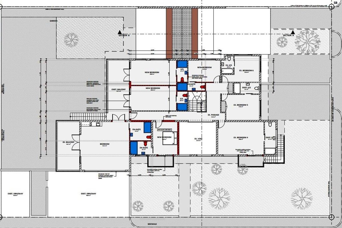 Architectural floor plan showing the layout and proposed renovations for the guest house property.