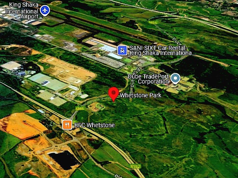 Aerial view of the industrial area surrounding Whetstone Park, highlighting proximity to King Shaka International Airport and Dube TradePort.
