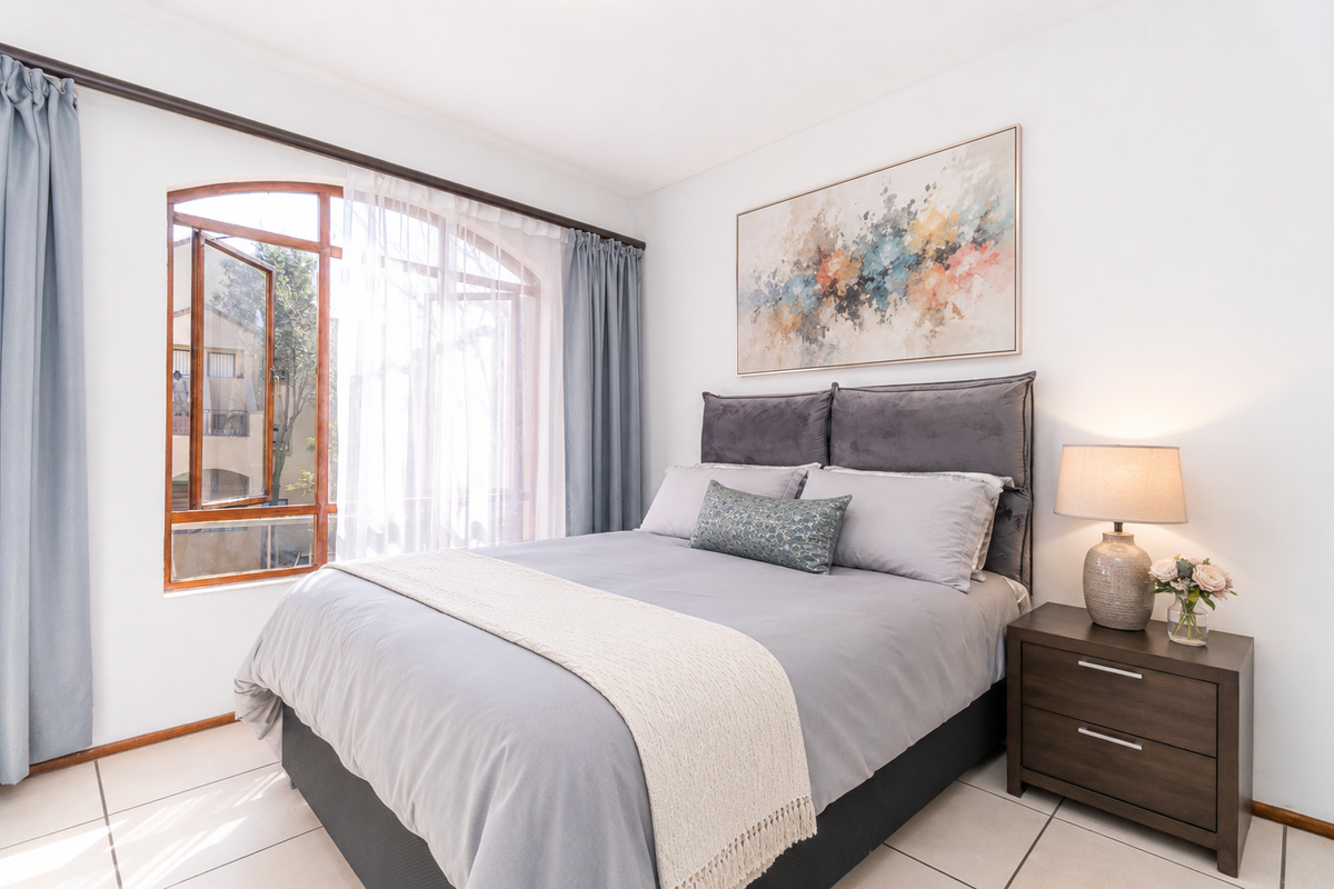 A well-lit bedroom featuring neutral tiled flooring and a distinctive arched window with natural light.