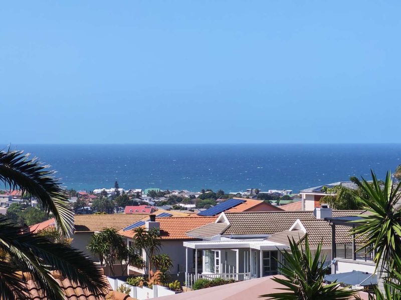 Elevated coastal view overlooking a residential neighborhood with the ocean in the background.