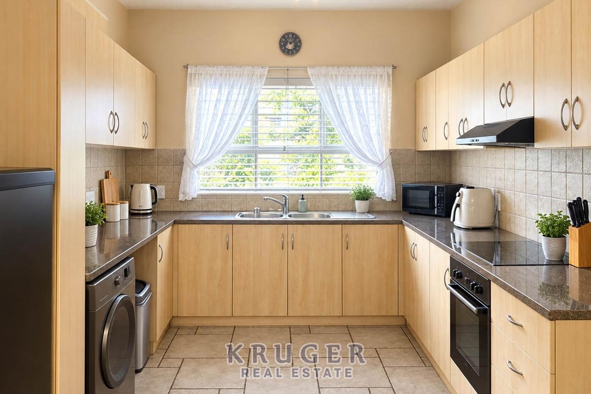 A functional U-shaped kitchen featuring light wood cabinetry, granite countertops, built-in oven, hob, extractor fan, and tiled flooring with ample natural light.