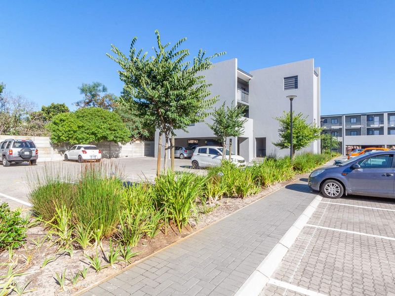 Exterior view of the apartment complex featuring a paved parking area, landscaped garden beds, and modern concrete building facade.