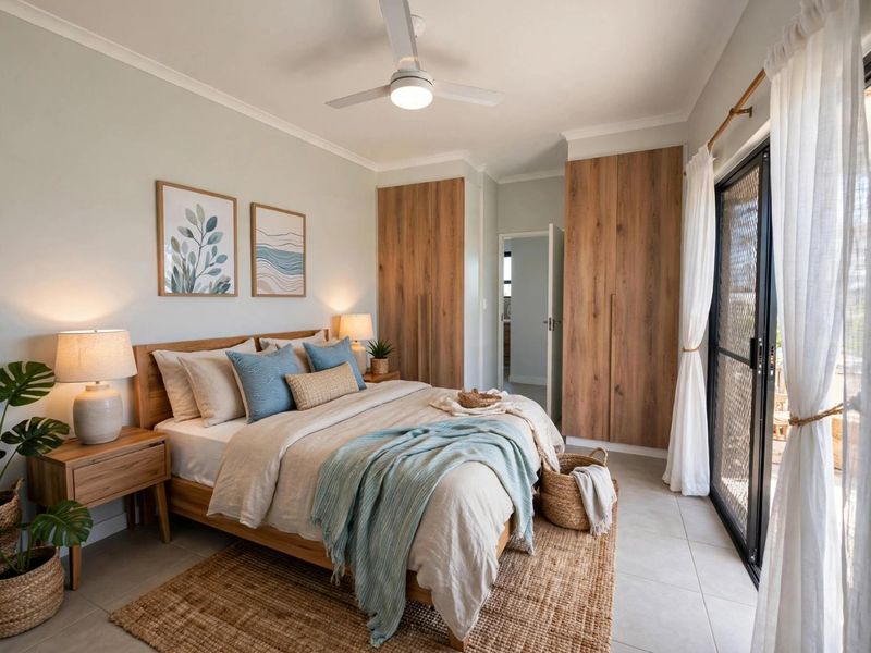 A well-maintained bedroom featuring built-in wooden cupboards, a modern ceiling fan, tiled flooring, and direct access to an outdoor area via a sliding door.