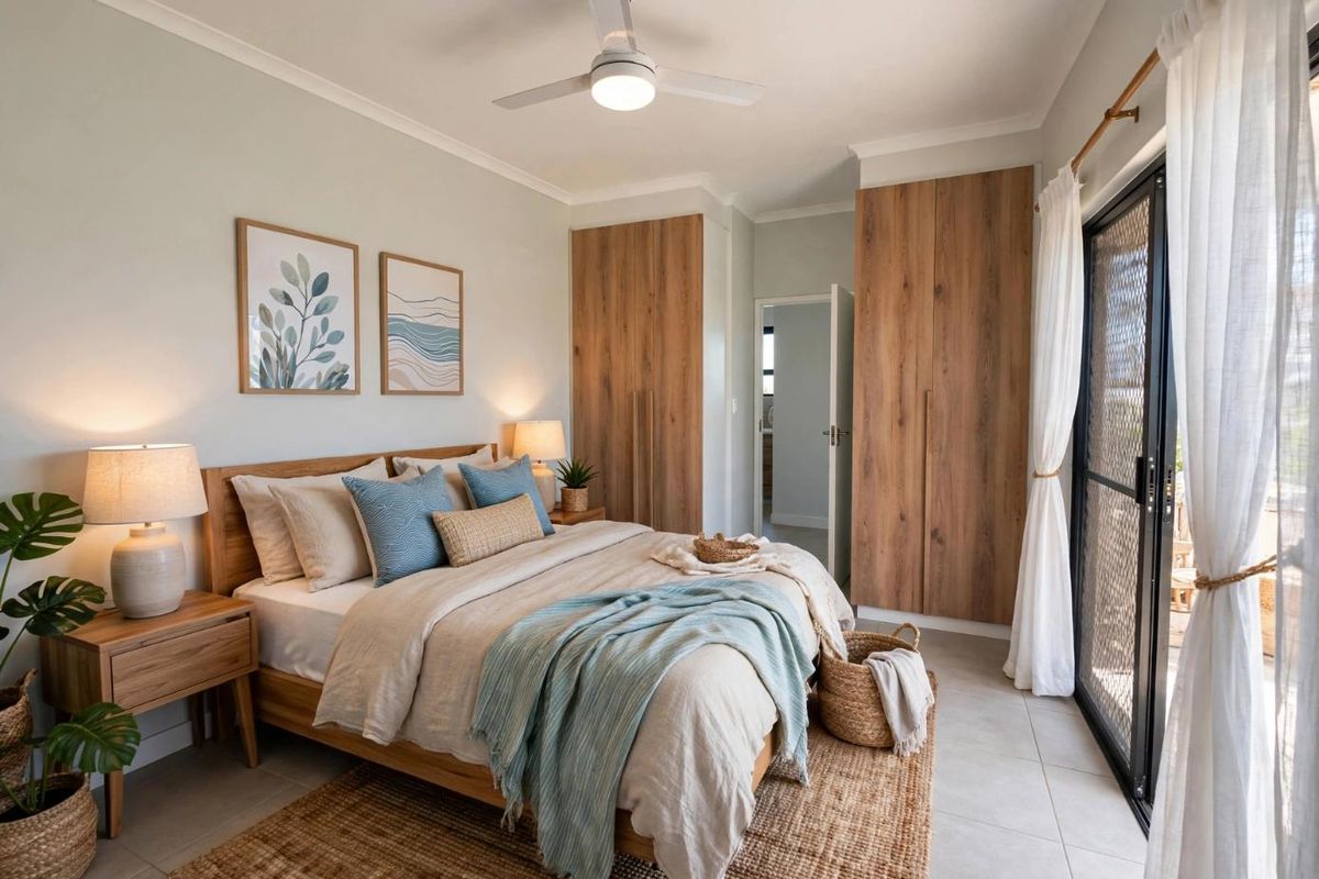 A well-maintained bedroom featuring built-in wooden cupboards, a modern ceiling fan, tiled flooring, and direct access to an outdoor area via a sliding door.