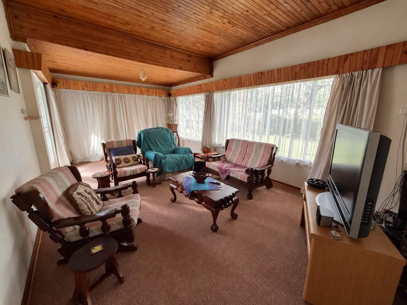 A cozy living room featuring a distinctive timber-clad vaulted ceiling, large windows allowing natural light, and fitted carpeting throughout.