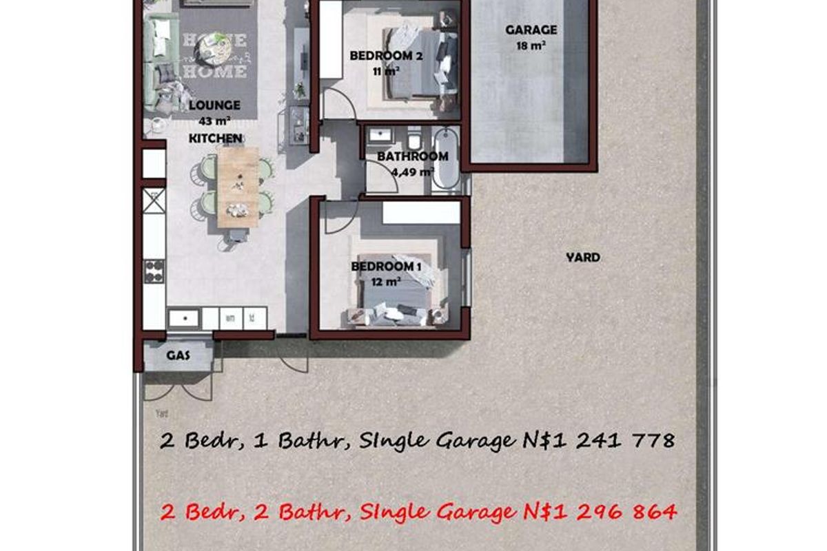 Architectural floor plan showing a two-bedroom townhouse layout with an open-plan living area, kitchen, bathroom, and single garage.