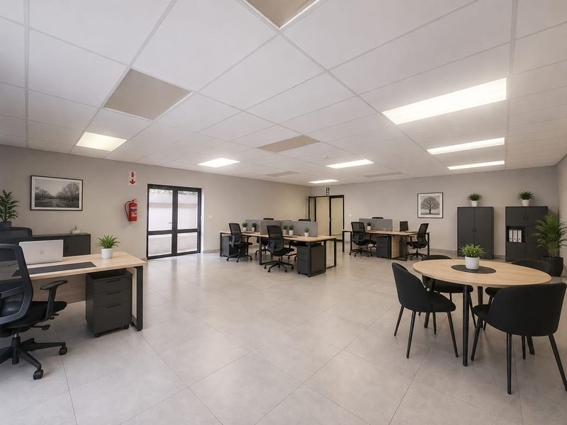 A modern, open-plan office space featuring neutral tiled flooring, a suspended ceiling with recessed lighting, and direct access to an outdoor area.