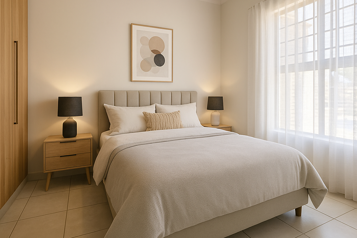 A well-lit bedroom featuring neutral tones, tiled flooring, and built-in wooden cabinetry, creating a clean and inviting living space.