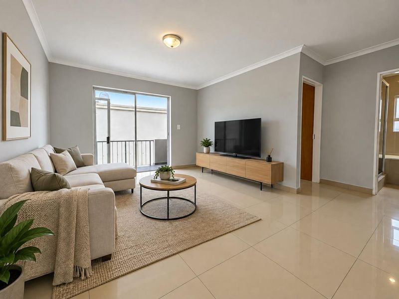 A bright and well-maintained living room featuring neutral tiled flooring, modern cove cornicing, and a sliding glass door leading to an outdoor balcony area.