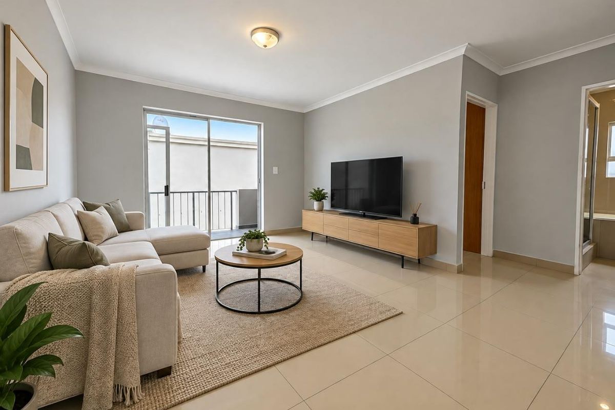 A bright and well-maintained living room featuring neutral tiled flooring, modern cove cornicing, and a sliding glass door leading to an outdoor balcony area.