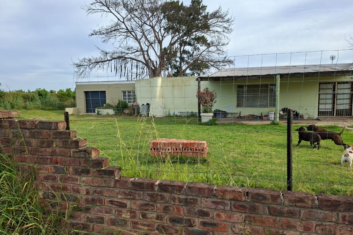 Rear view of the property featuring a large garden, a covered patio area, and a brick boundary wall with wire fencing.
