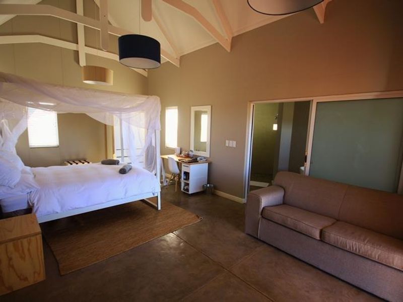 Spacious bedroom featuring vaulted ceilings with exposed rafters, polished concrete floors, and an en-suite bathroom access via a sliding door.